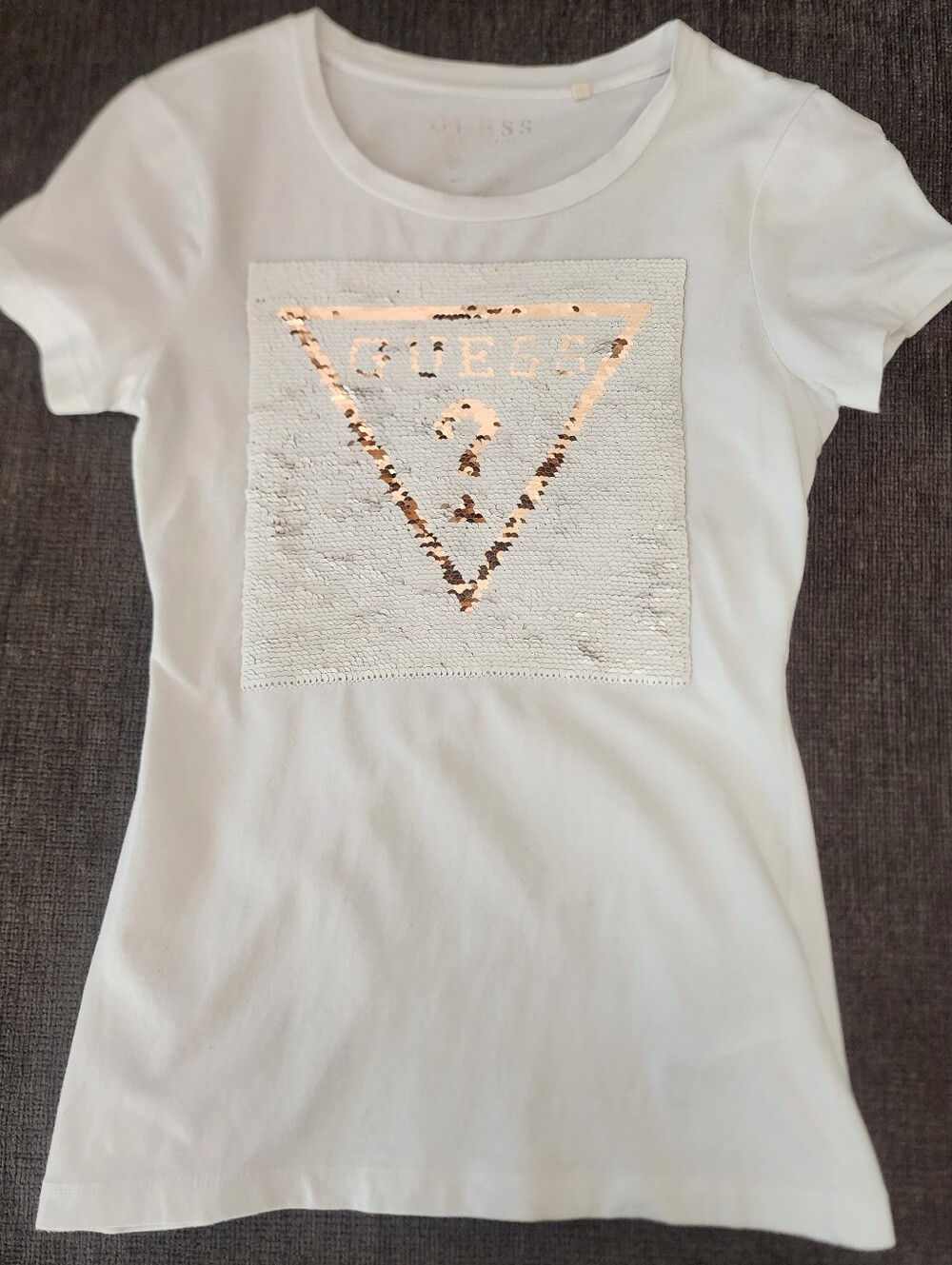 GUESS Womens White Gold Sequin Mcbling Logo Short Sleeve Tee Shirt, Sz XS